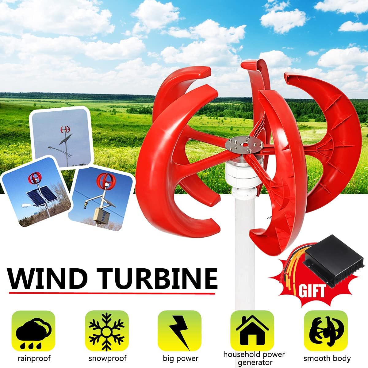 Red 8000W 5 Blades Vertical Axi Wind Turbines Generator Lantern 12V 24V Motor Kit Electromagnetic for Home Streetlight Use