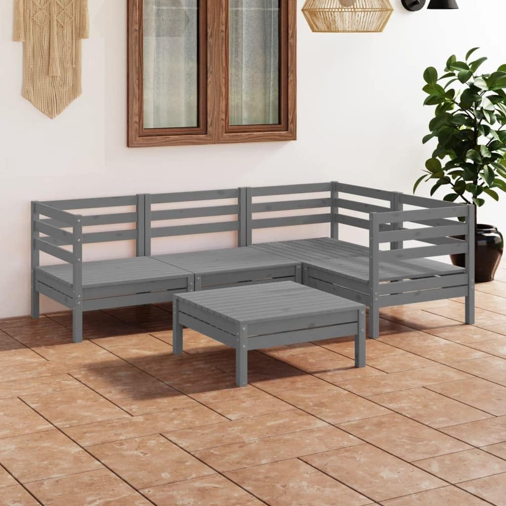 Garden Lounge Set Grey, Solid Pine Wood Modular Outdoor Furniture, 5-Piece Patio Dining Table and Chairs Set for Balcony, Terrace