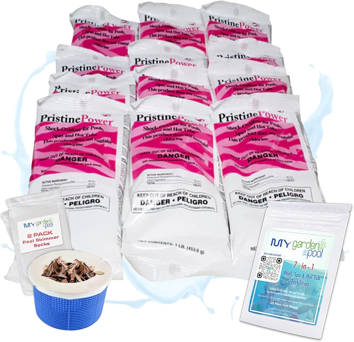 PristinePower 12 lb Non-Chlorine Shock for Pools & Spas – Clears Water & Organic Matter Includes My Garden Pool 2 Scum Socks, 7-in-1 Test Strip & Pool-IQ AI Assistant