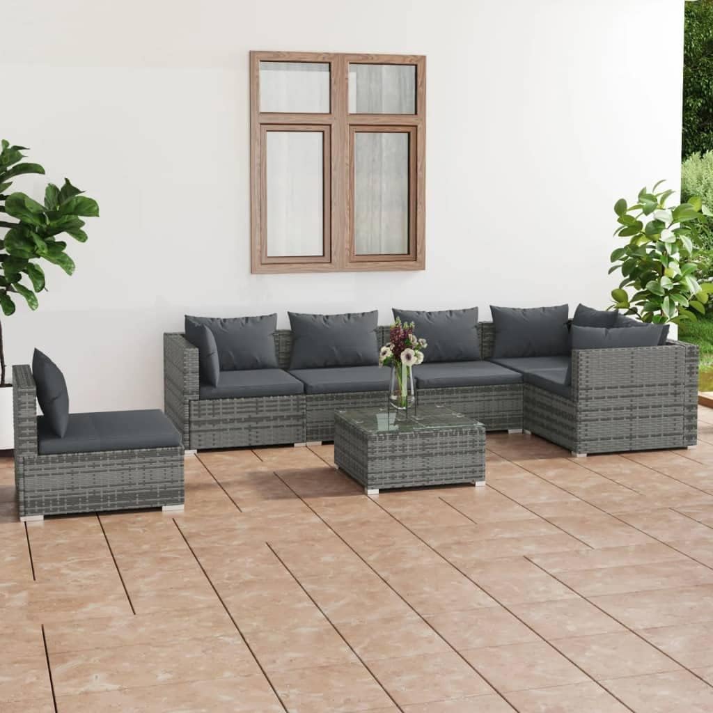 Patio Set 7 Piece Patio Lounge Set with Cushions Poly Rattan Gray
