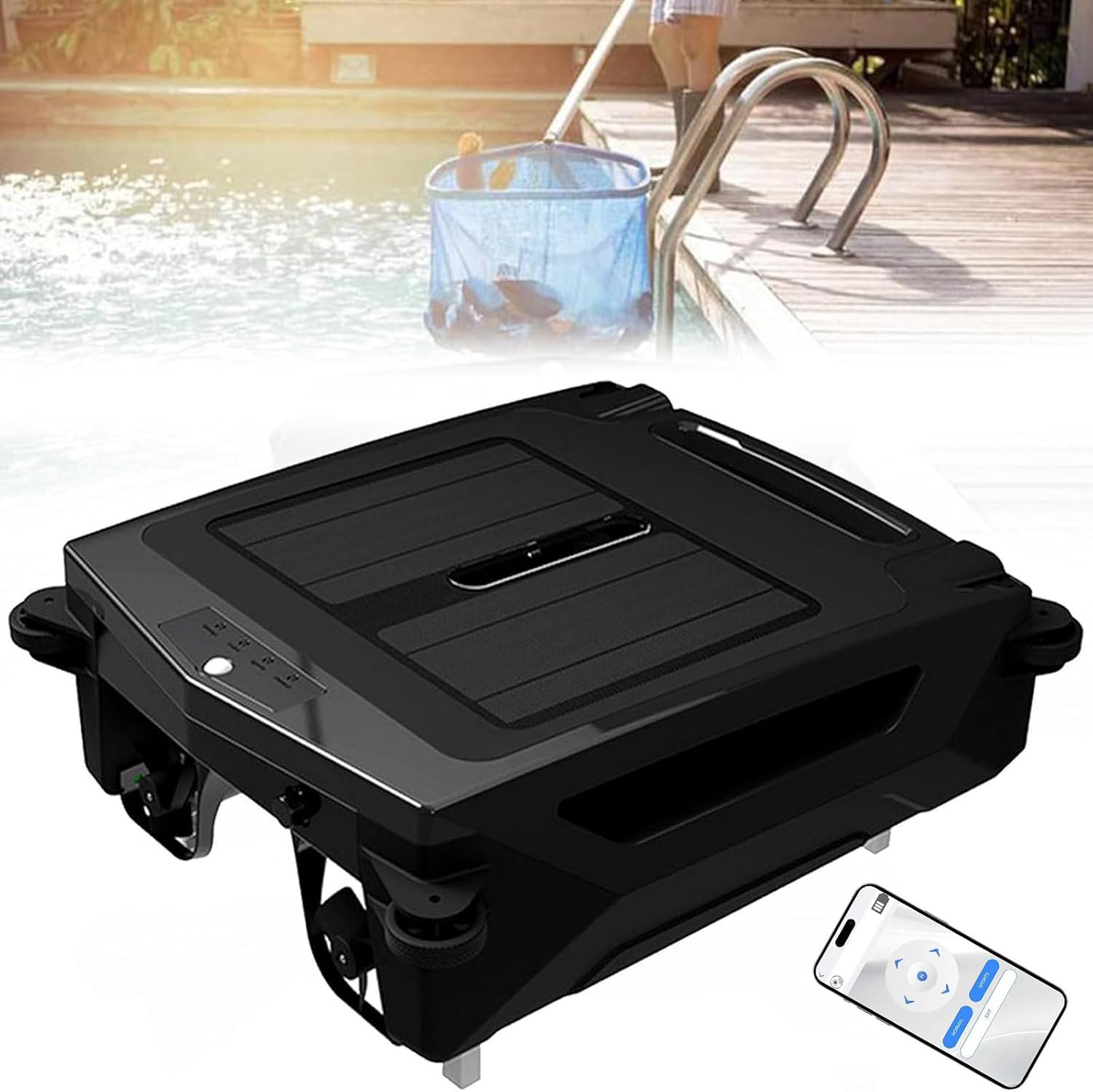 Automatic Robotic Pool Cleaner with APP Support, Solar Powered Robotic Pool Skimmer with Brushless Motor, Trash Collection, Light Indicator, Automatic Obstacle Avoidance for Pool