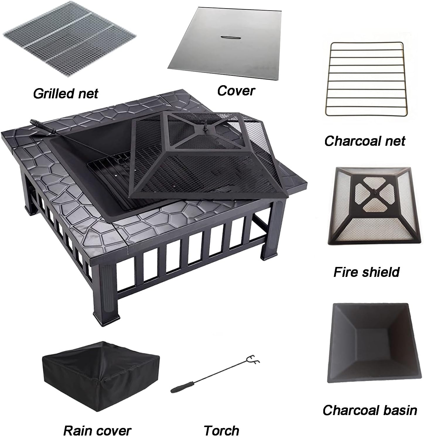 Fire Pit Outdoor Wood Burning fire Pit, fire Pit with Dome Screen and Poker, Terrace Barbecue Cooking fire Pit