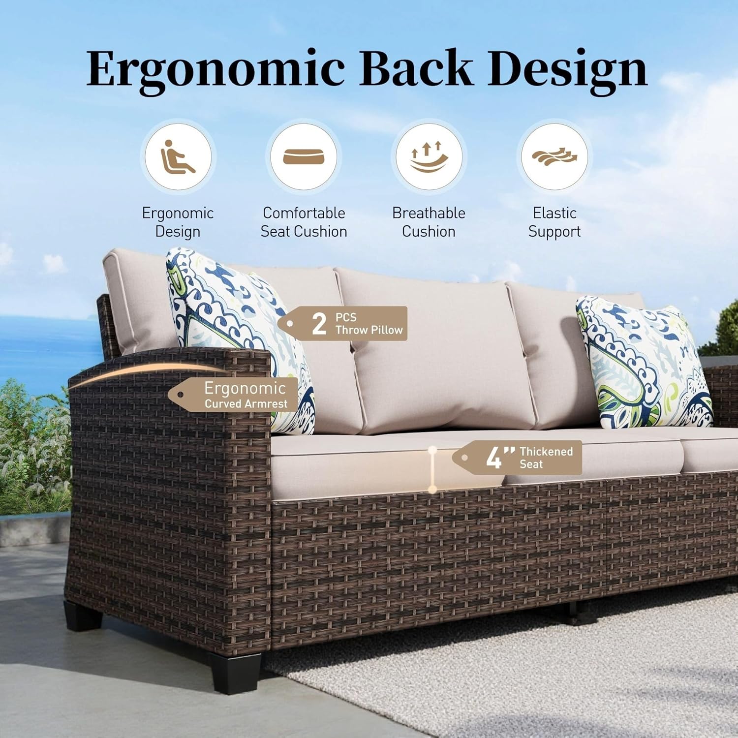 Patio Furniture Set Outdoor Furniture Brown Wicker Rattan Patio Conversation Sets with Cushion Outside Sofa Set,6 Pieces with Rectangular Firepit Table,9 Seats,Beige