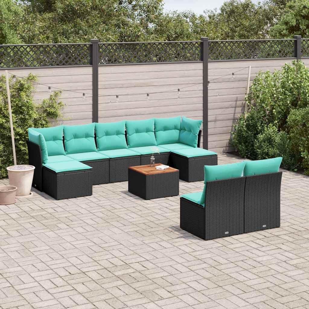 10 Piece Patio Sofa Set with Cushions Black Poly Rattan, Modular Outdoor Furniture with Storage and Waterproof Bag, Durable PE Wicker Garden Seating Set with Acacia Wood