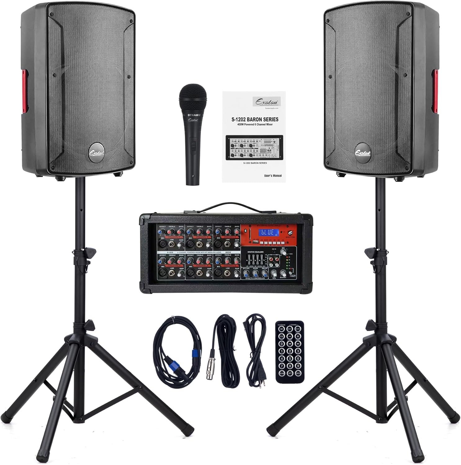EXOTON S-1202 12inch 2000W Bluetooth PA System with Powered Mixer Set, Passive Speakers with 6 Channel Mixer/Stands/Mic/Effect Controller/ 48V Phantom Power,for Indoor&Outdoor