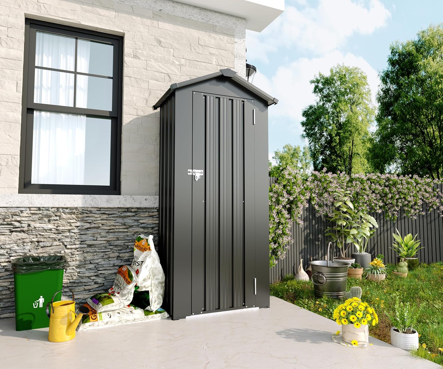 Outdoor Storage Shed, Heavy-Duty Metal Garden Shed with Lockable Door, Waterproof Roof Design, Large Utility Tool Storage for Backyard, Lawn Equipment, Bikes (Black)