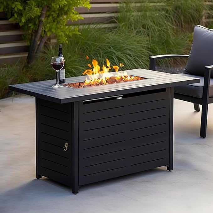Mazatzal 42 Inch Propane Fire Pit Table, 60,000 BTU Outdoor Tabletop Fire Pit with Lid, Weather Cover, Lava Rock, Rectangular Steel Gas Fire Pit for Outside, Patio, Backyard, CSA-Certified, Black