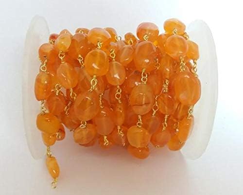 JEWELZ 10 feet natural carnelian smooth oval beaded chain - 24k gold plated wire wrapped chain - oval beaded chain - beads 6x8mm
