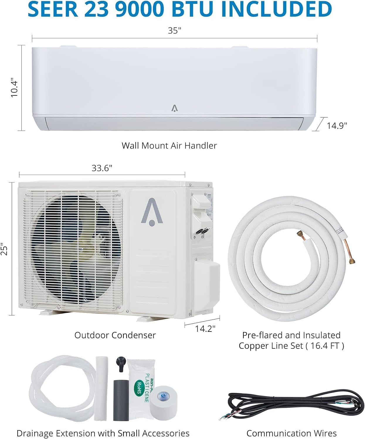 Split Air Conditioner 9,000 BTU, Split AC/Heating System 23SEER Split-System Air Conditioner Inverter, Cools up to 450 Sq. Ft, Wall Mount Split A/C
