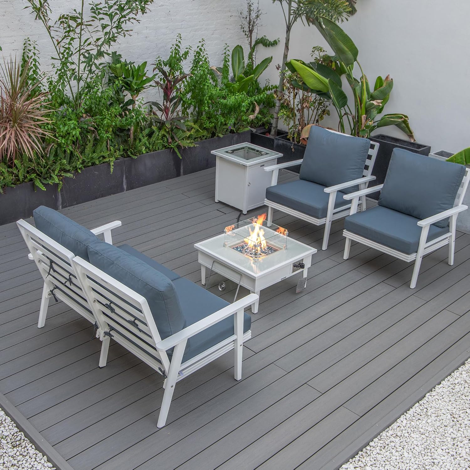 LeisureMod Walbrooke Modern Aluminum 5-Piece Patio Conversation Set with Outdoor Square Fire Pit Side Table Tank Holder, Navy Blue