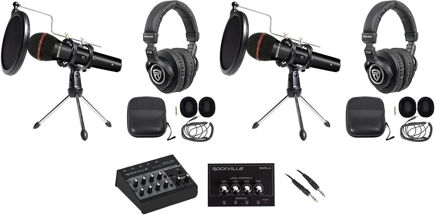 Rockville 2-Person Podcast Recording Package LINE8 USB 8-Channel Mixer and USB Audio Interface with (2) PRO-M50 Headphones, (2) RMIC-SR Mics, Stands, RHPA4 Amp, Cables (9 Items)