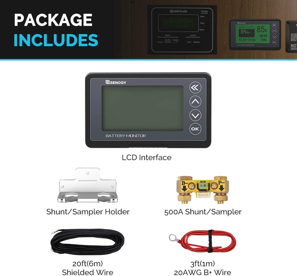 Renogy 3000W Pure Sine Wave Inverter 12V DC to 120V AC Converter & 500A Battery Monitor, High and Low Voltage Programmable Alarm, Voltage Range 10V-120V and up to 500A