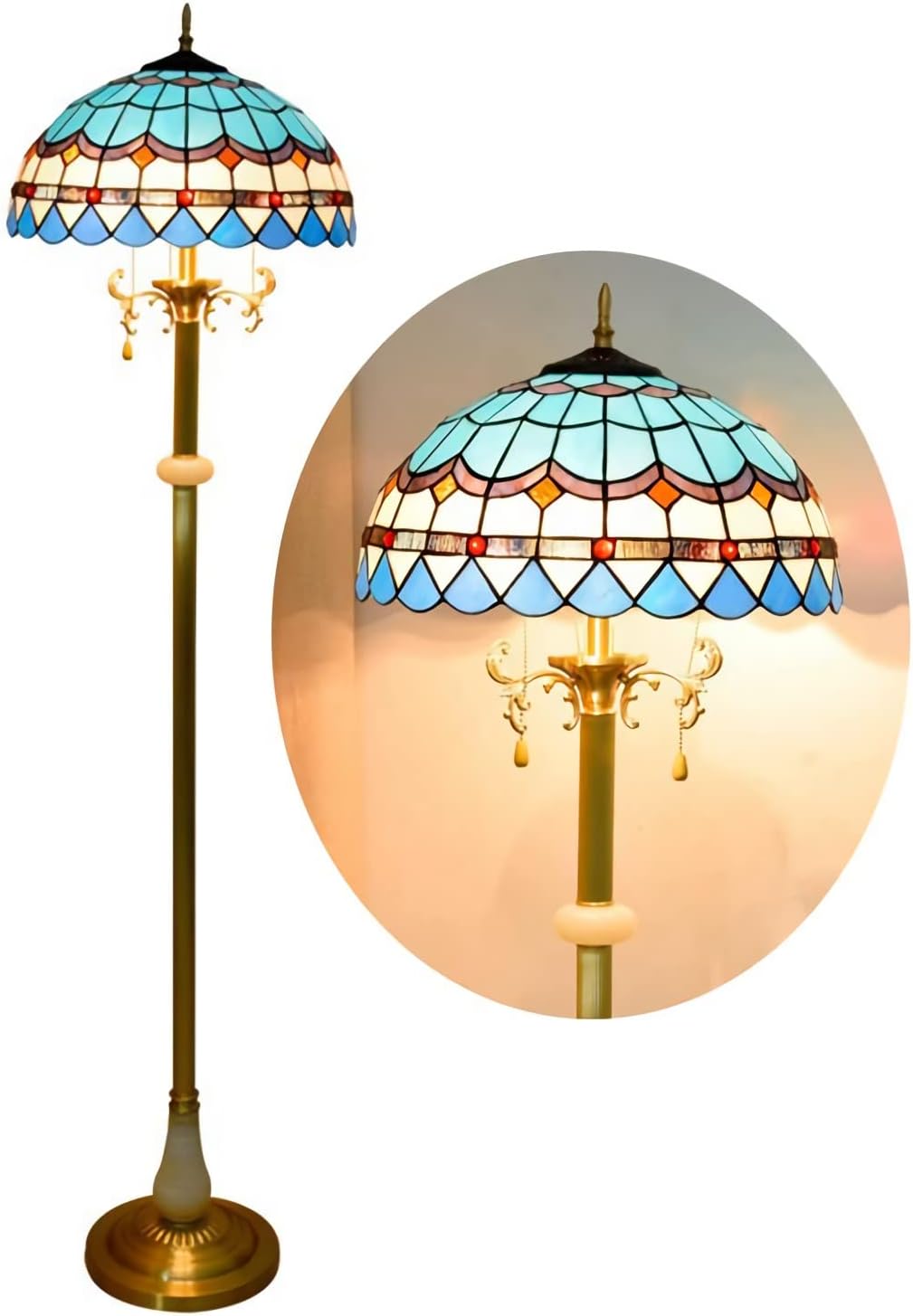 16 Inch Tiffany-Style Floor Lamp, Blue Mediterranean Stained Glass Readlight, Vintage All Copper Base Standlamp for Bedroom Office