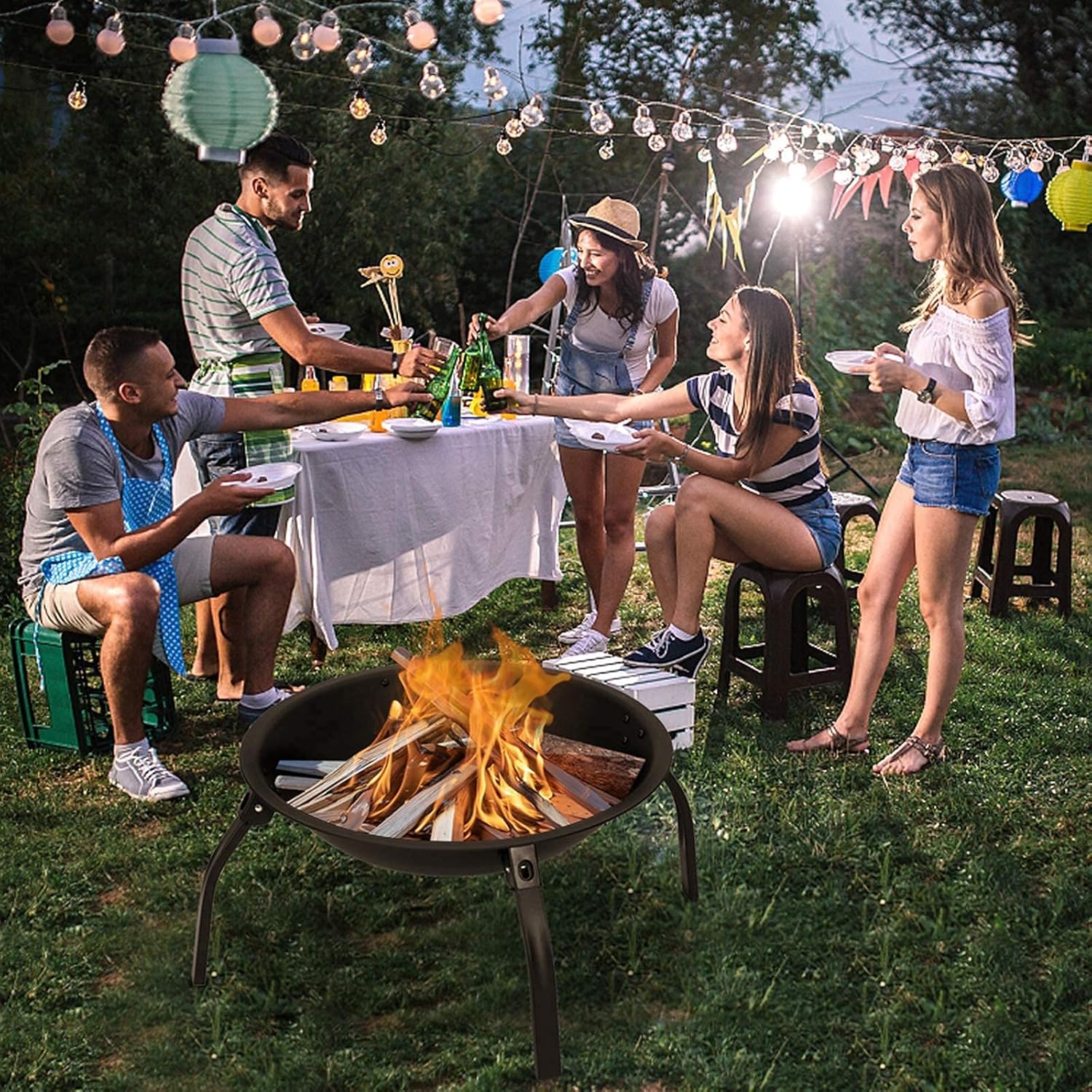 Portable Outdoor Fire Pit Round Wood Burning Steel BBQ Grill Firepit Bowl with Mesh Spark Screen Cover Log Grate and Fire Poker, for Camping Bonfire Patio Park Backyard Garden