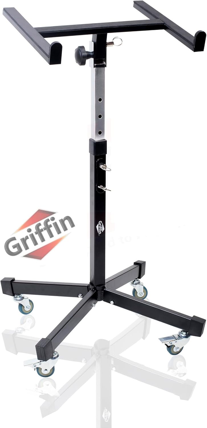 Griffin Rolling Studio Mixer Stand DJ Cart (MobileTILT Series) – Standing Rack On Casters with Adjustable Height – Portable Mount Turntable Holder For Digital Drum Machine, Mixing Audio Music Gear