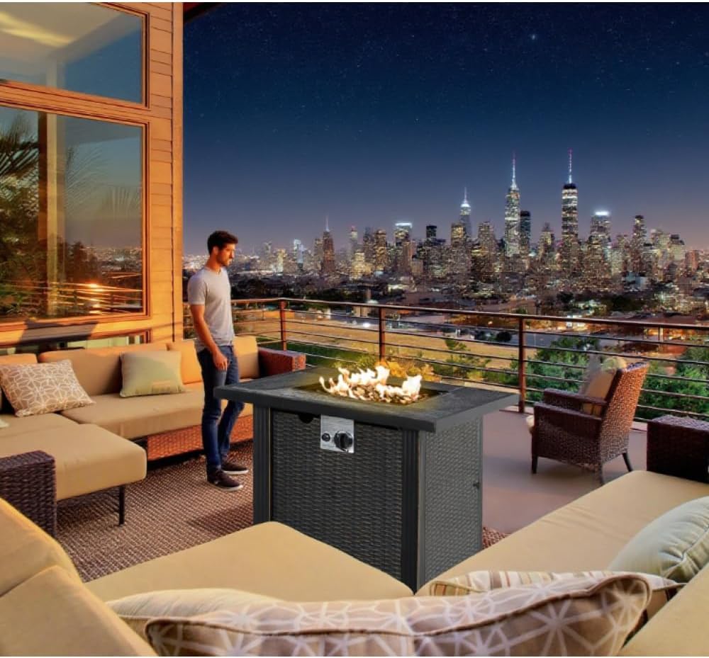 Outdoor Propane Fire Pit Table with Auto-Ignition System, Square Wicker Design Patio Heater with Ceramic Tabletop Cover