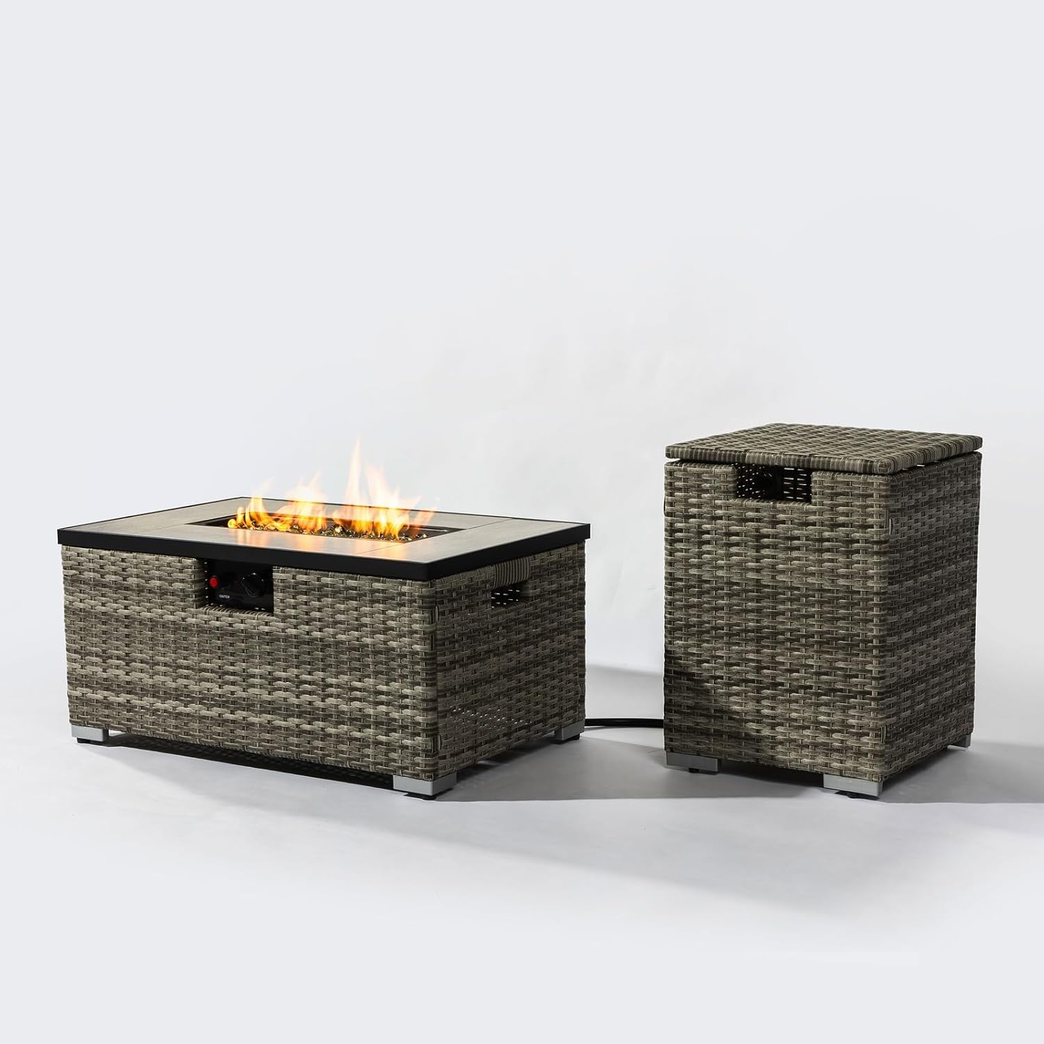 Penau Beige Rattan Fire Pit Table with Ceramic Tile Top and Tank Holder for Outdoor Use