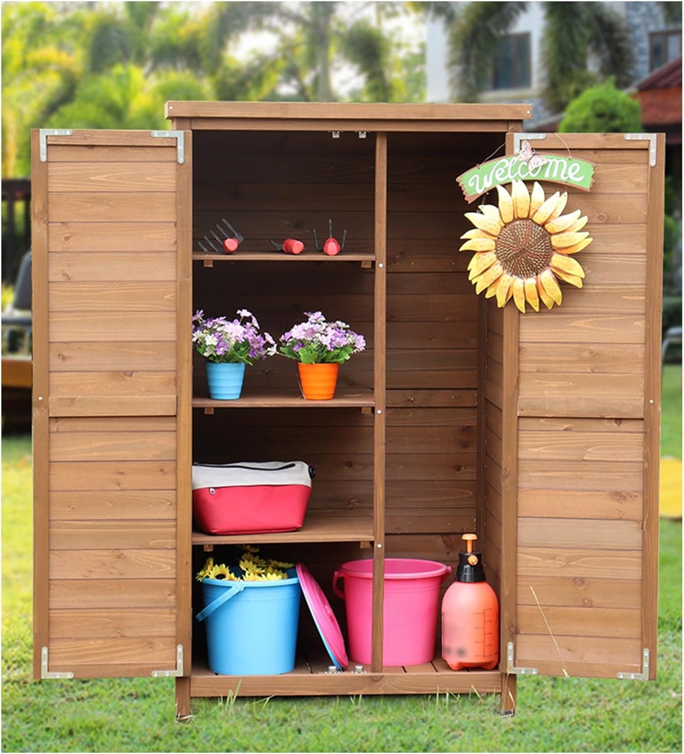 Weatherproof Outdoor Storage Shed with Shelves and Waterproof Garden Cabinet for Patio Lawn 55.1In Tall Wooden Backyard Storage House (Brown 140X80X53Cm)