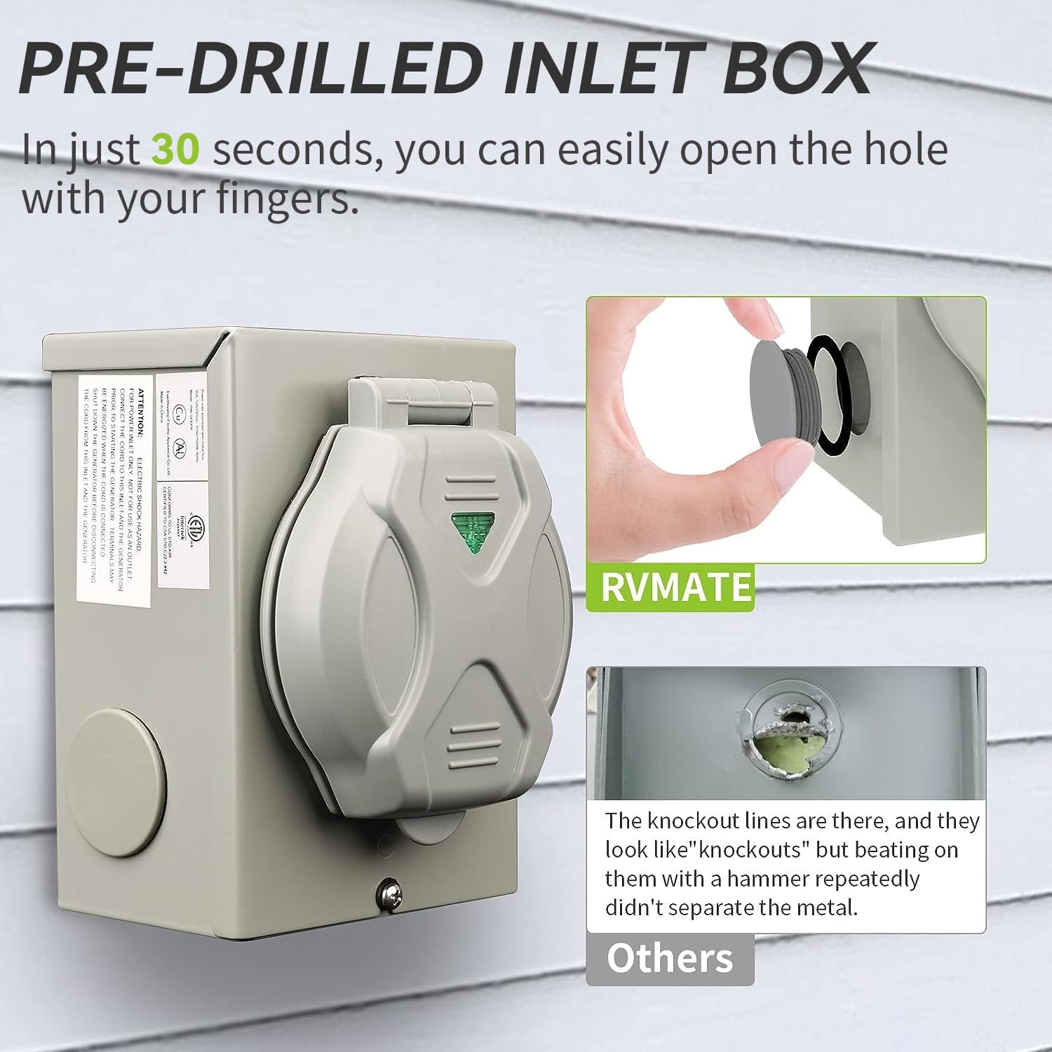 RVMATE 4 Prong 30 Amp Generator Cord (50FT) and Pre-Drilled Power Inlet Box Waterproof Combo Kit, NEMA L14-30P to L14-30R Generator Cord with NEMA L14-30P Generator Inlet, ETL Listed