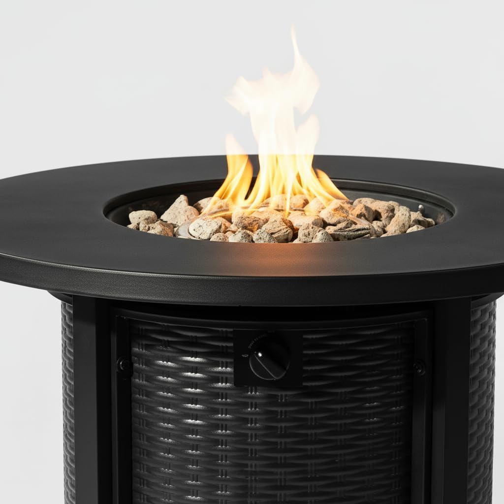 32-Inch Round Propane Fire Pit Table, 50,000 BTU Outdoor Steel Fire Table with Storage, Black Wicker Design, Volcanic Rocks, Electronic Ignition for Patio Garden Deck