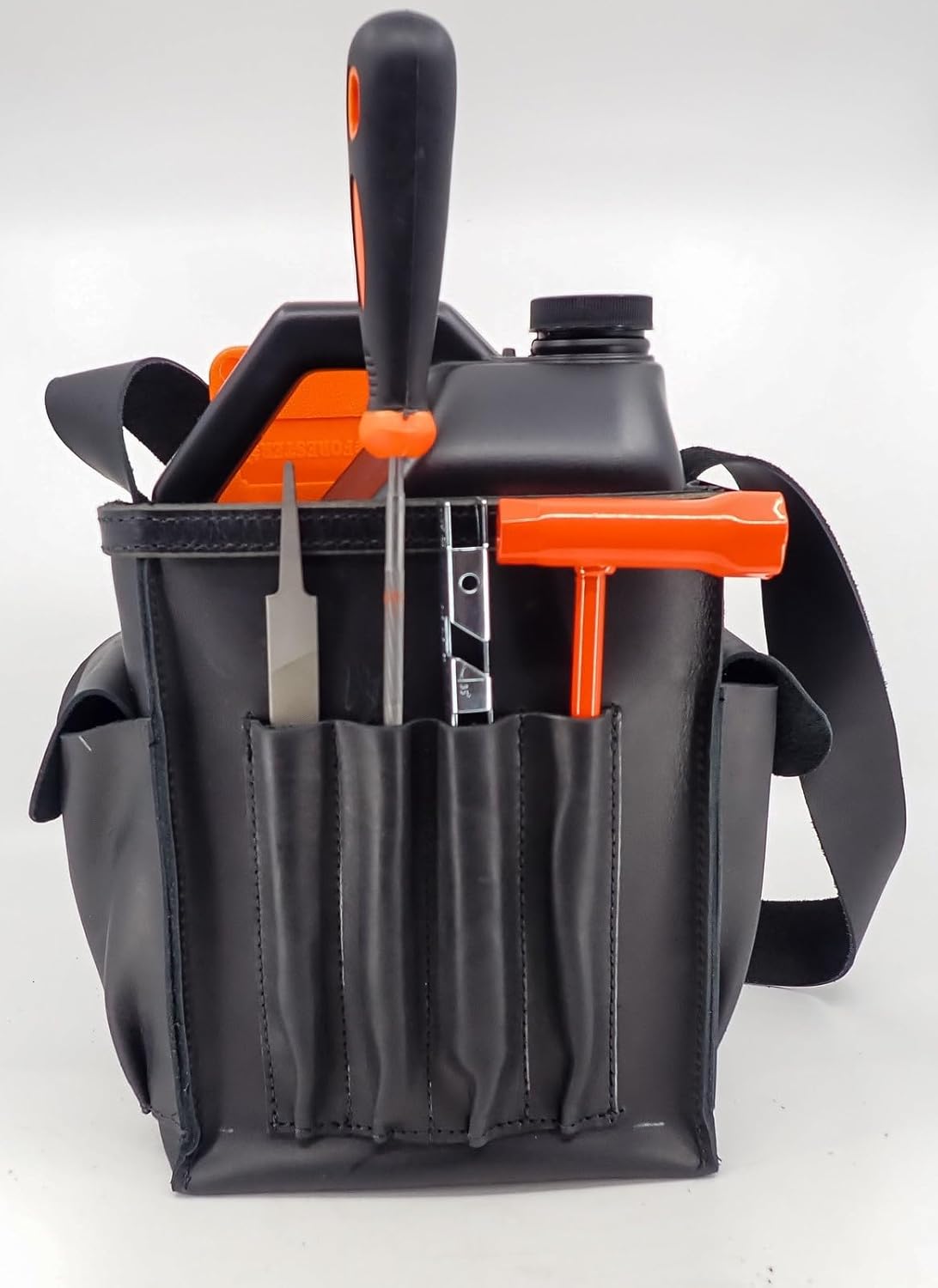 BLACK LEATHER CHAINSAW BAR OIL TOOL TOTE CARRY BAG