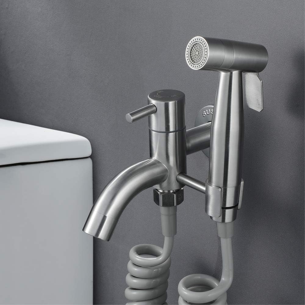 LSLYTQ Faucet Stainless Steel Bidet Set with Handheld Sprayer Shower System for Toilet Mop Pool Faucet 1.5m PVC Shower Hose & Base Included a tap