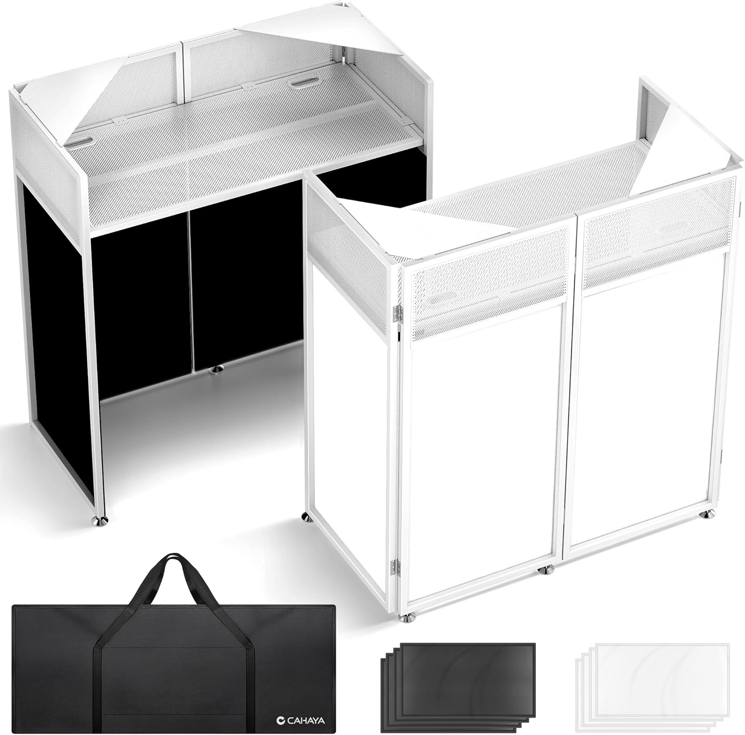 CAHAYA DJ Booth Stand Portable - DJ Table Facade with Black & White Scrims DJ Stand Foldable for Laptop & Controller Double Top Corners, Storage Bag, Cable Holes, 40