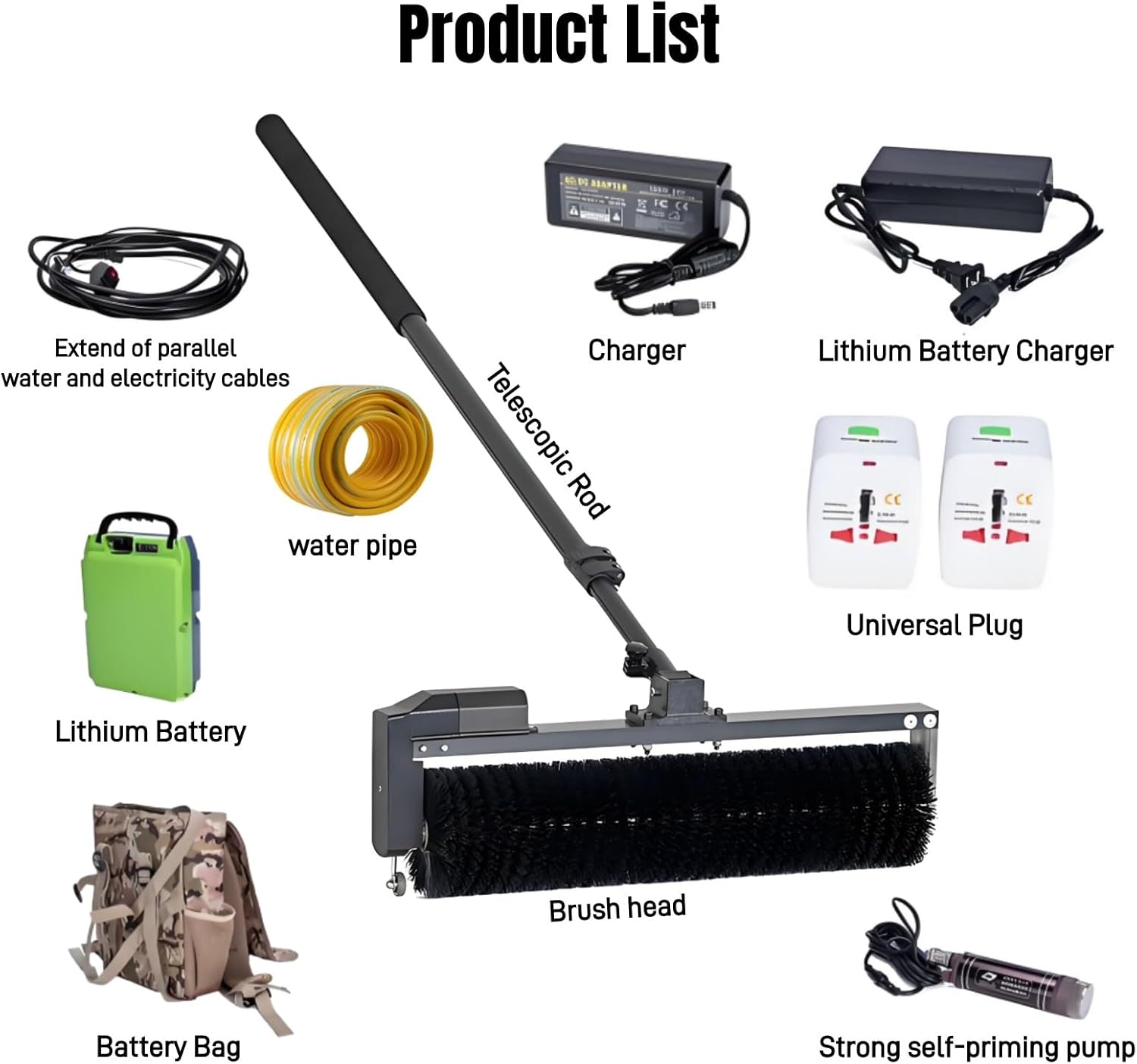 24.6FT Water Fed Solar Panel Cleaner Brush and Pole,Solar Panel Cleaning Kit, with Telescopic Pole & Water Supply, 360°Rotatable Solar Cleaning Brush Battery