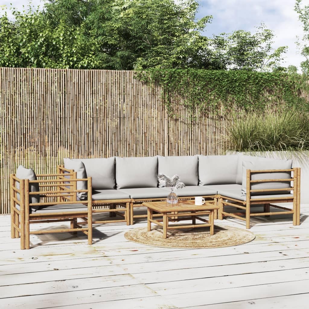 7 Piece Patio Lounge Set with Light Gray Cushions Bamboo,Elegant Bamboo Patio Lounge Set: Relax in Comfort and Style Outdoors Patio Furniture Sets, Outdoor Furniture Sets