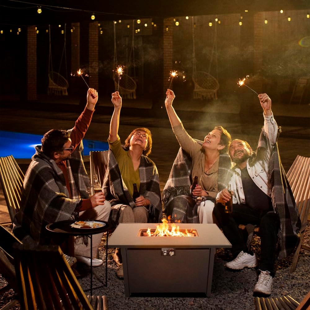 42 Inch Steel Outdoor Fire Pit Table with Lid and Lava Rocks, Propane Gas Firepit for Patio Garden Backyard with Glass Wind Guard