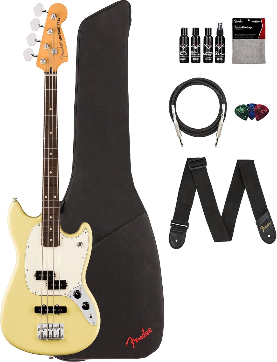 Fender Player II Mustang Bass PJ - Hialeah Yellow Bundle with Gig Bag, Strap, Cable, 3-Pack Picks and Guitar Cleaning Kit