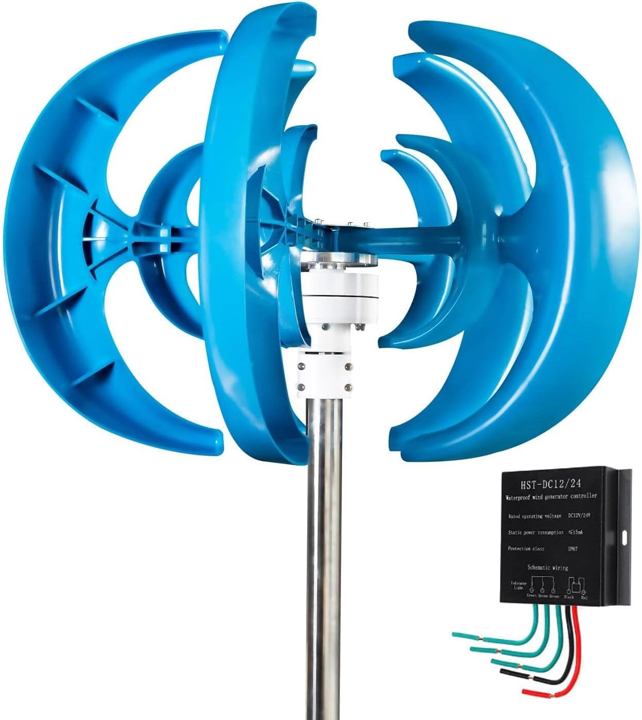 600W Vertical Axis Wind Turbine Generator Kit - 12V/24V AC Power with Controller, Low Speed Start for Home & Street Lighting, Eco-Friendly Energy Solution - 12V Blue