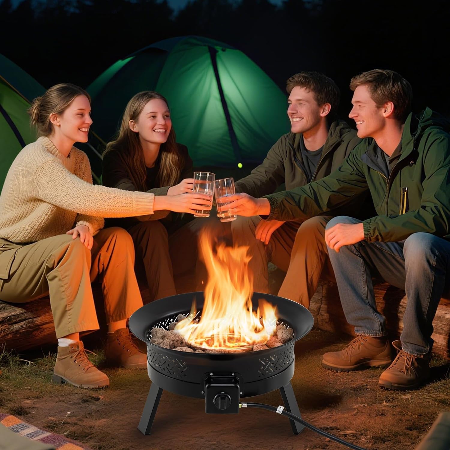 Tangkula Portable Propane Fire Pit, 24.5 Inch 58,000 BTU Smokeless Fire Bowl with Carry Strap, Lid & Folding Legs, Tank Base Holder, Outdoor Gas Fire Pit for Camping Patio Backyard