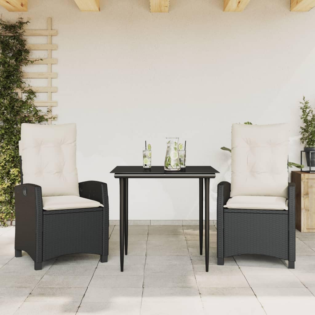 Black PE Rattan Garden Dining Set, Square Outdoor Patio Furniture with Removable Covers, 2-Person Balcony Table and Chairs for Small Spaces