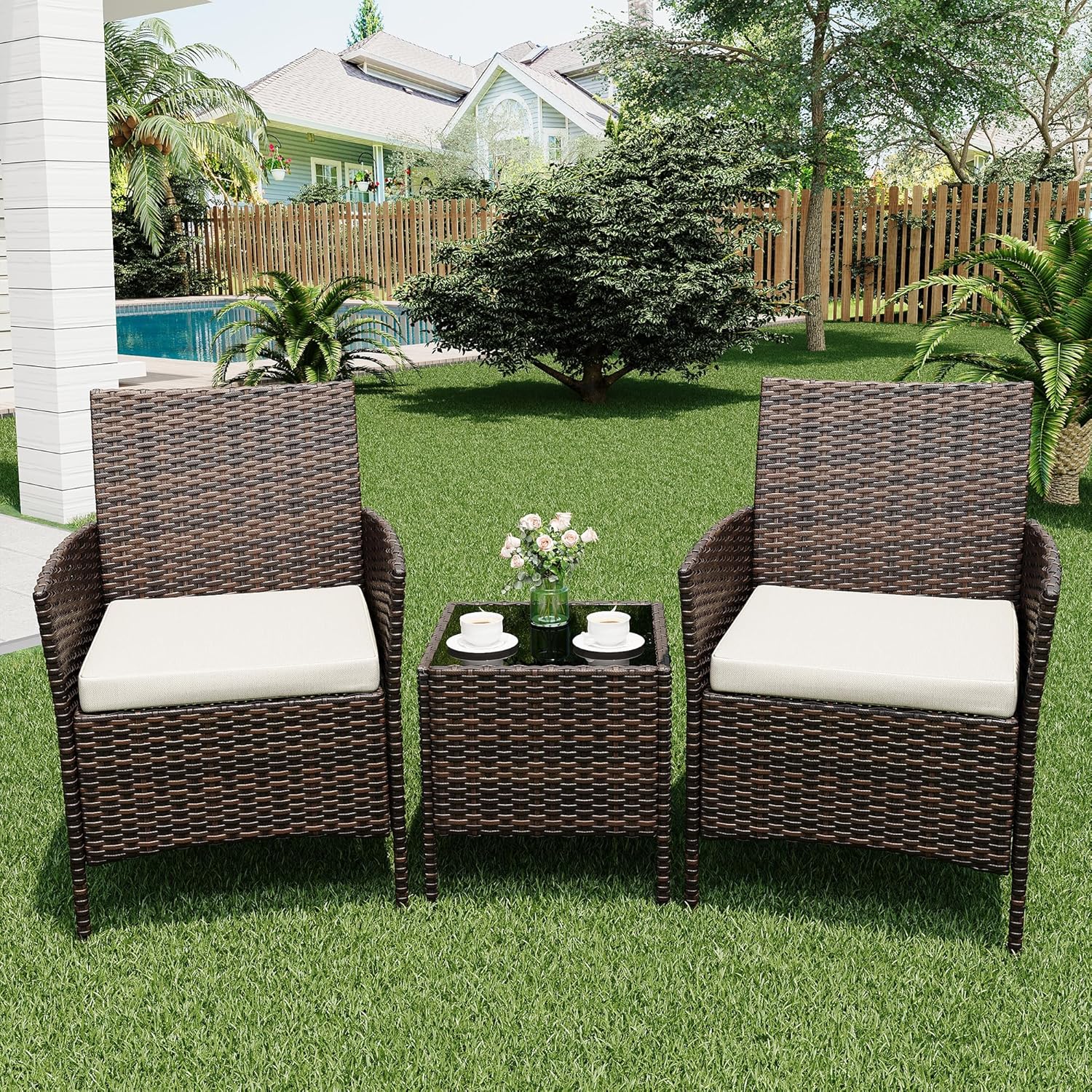 Patio Furniture Set 3 Pieces,Outdoor Patio Conversation Sets, PE Rattan Wicker Furniture Sets with 2 Chairs,Soft Cushion and 1 Coffee Table, Bistro Set of 2 for Backyard Balcony Porch Apartments,Brown