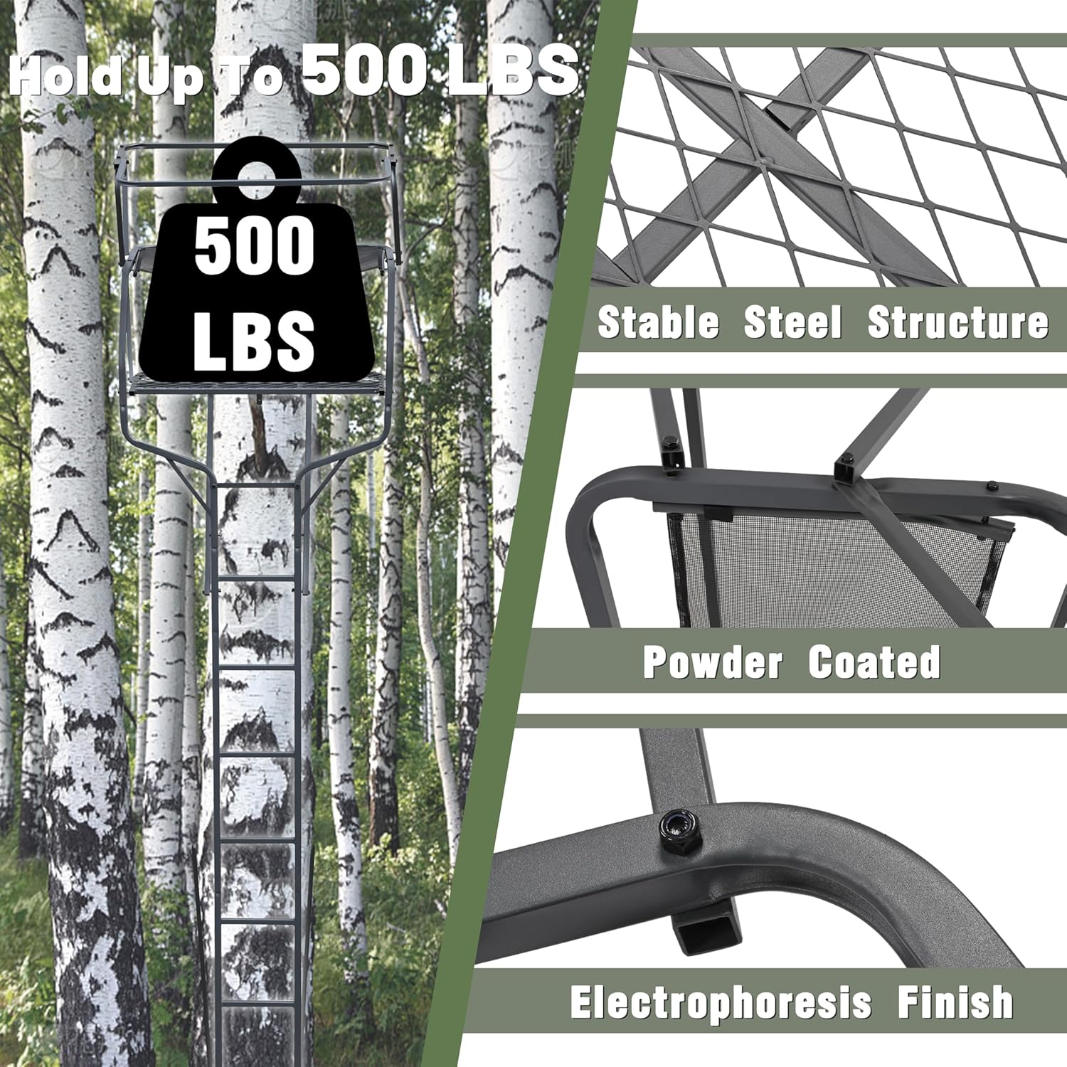 KUAFU 18' 2-Man Ladder Tree Stand Climbing Tree Stand for Deer Hunting Elevated Climbing Seat Hunting Gear Equipment Accessories, 500 lb Weight Capacity