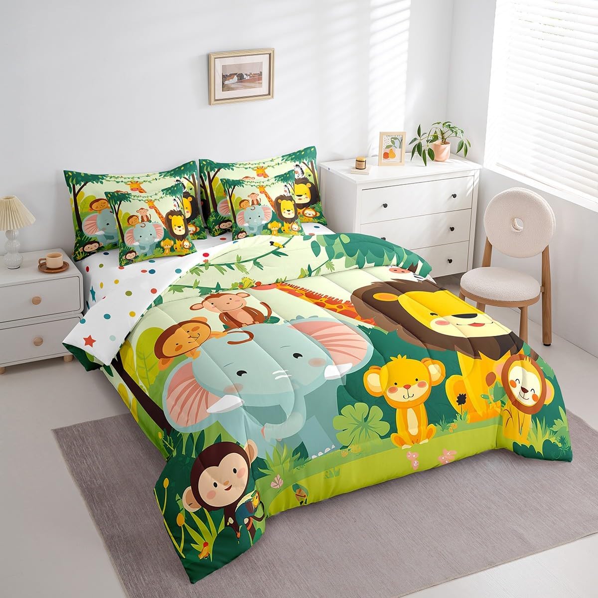 Erosebridal Cartoon Zoo Twin Comforter Set 7-Piece, Animals Cute Theme Bedding Accessories, Elephant Kawaii Giraffe Bed in a Bag, Green Safari Monkey Bed Sheets Set for Kids Adults Teens