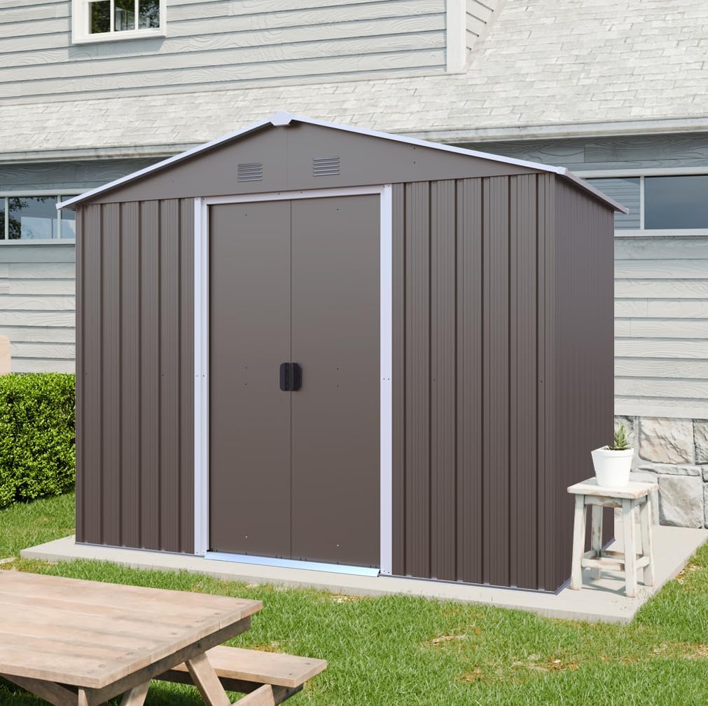 8 x 4 FT Outdoor Storage Shed, Metal Garden Shed with Floor Frame, Tool Shed Outdoor Storage with Lockable Sliding Doors & Air Vents, Storage House Waterproof for Backyard, Lawn, Gray