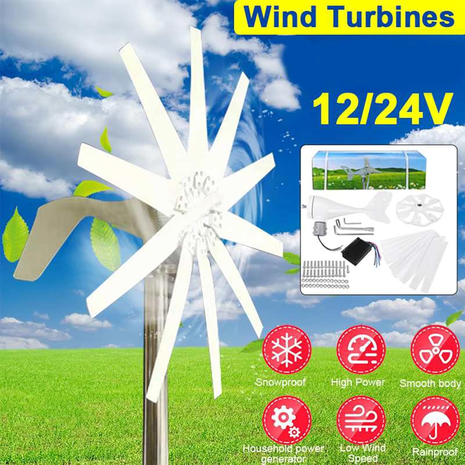 12000W Wind Turbine Generator Kit with 10 Blade Wind Generator Kit with Controller for Windmill Generator Suit for Turbine Generator 12V 24V