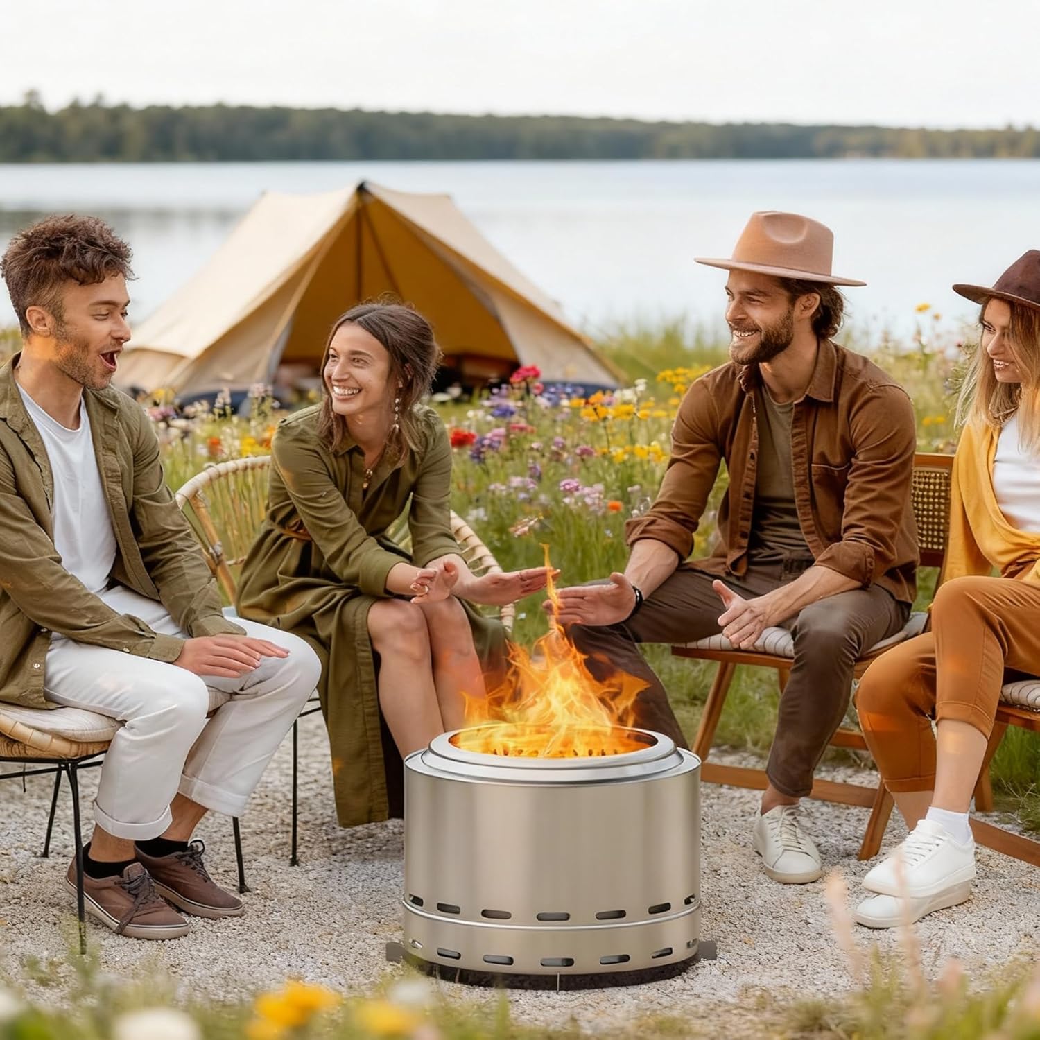 Smokeless Fire Pit, 19.5 Inch Portable Wood Burning Fire Pit with Carry Bag, Outdoor Bonfire Pit for Patio Camping Backyard, Low Smoke Stainless Steel Firepit, Patio Stove for Garden BBQ & Bonfire