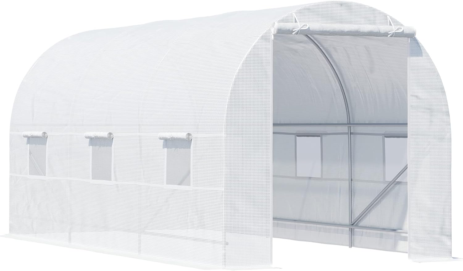 Outsunny 15' x 7' x 7' Walk-in Tunnel Greenhouse, Large Garden Hot House Kit with 6 Roll-up Windows & Roll Up Door, Steel Frame, White