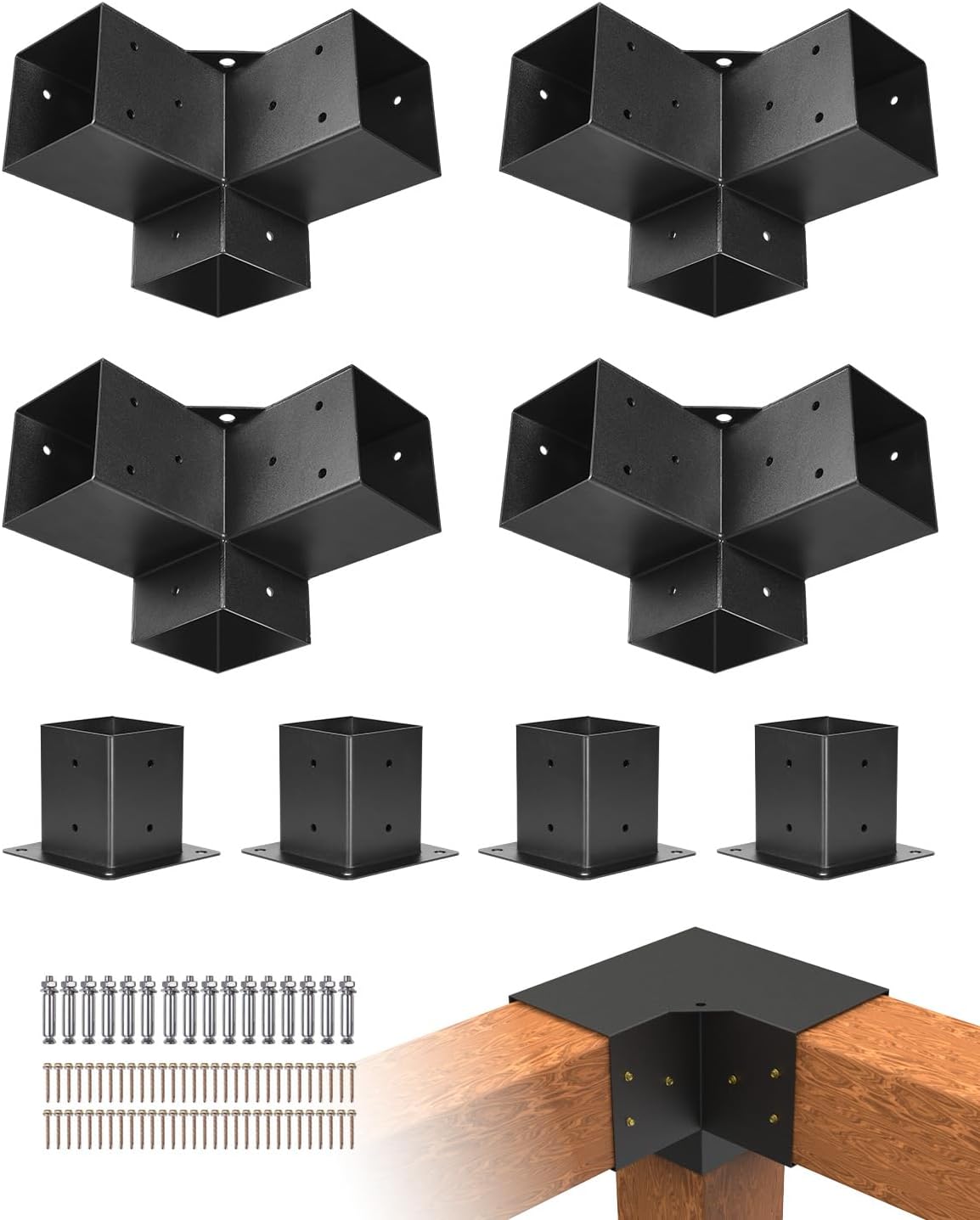 VEVOR Pergola Kit 4-Pack, T-Shaped 4x4 (Actual 3.5x3.5 Inch), 3-Way Pergola Brackets DIY Woodworking Gazebo Bracket Kit with Screws for 3.5x3.5 Inch Wood Beams in Actual Size for Outdoor Party Banquet