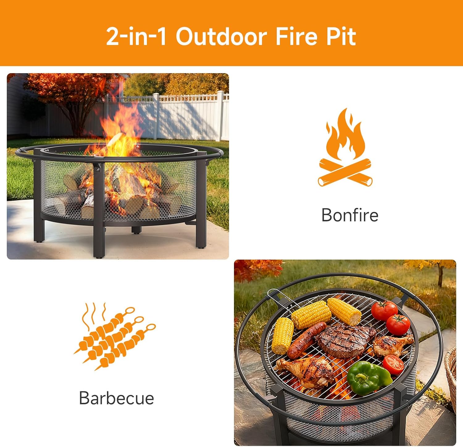 ONBRILL 2-in-1 36 Inch Fire Pit with Cooking Grill, Outdoor Wood Burning Firepit with Poker for BBQ, Bonfire, Picnic, Party, Round Metal Fire Pit for Outside, Backyard, Patio
