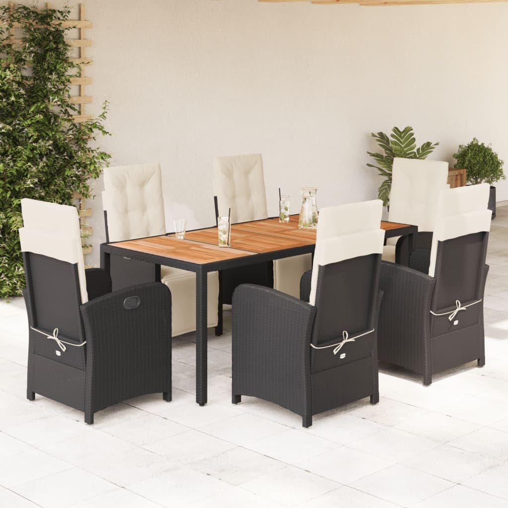 7 Piece Patio Dining Set with Cushions Black Poly Rattan,Outdoor Patio Dining Set with Reclining Chairs and Acacia Wood Tabletop for AllWeather Comfort Furniture Sets for Patio, Lawn & Garden