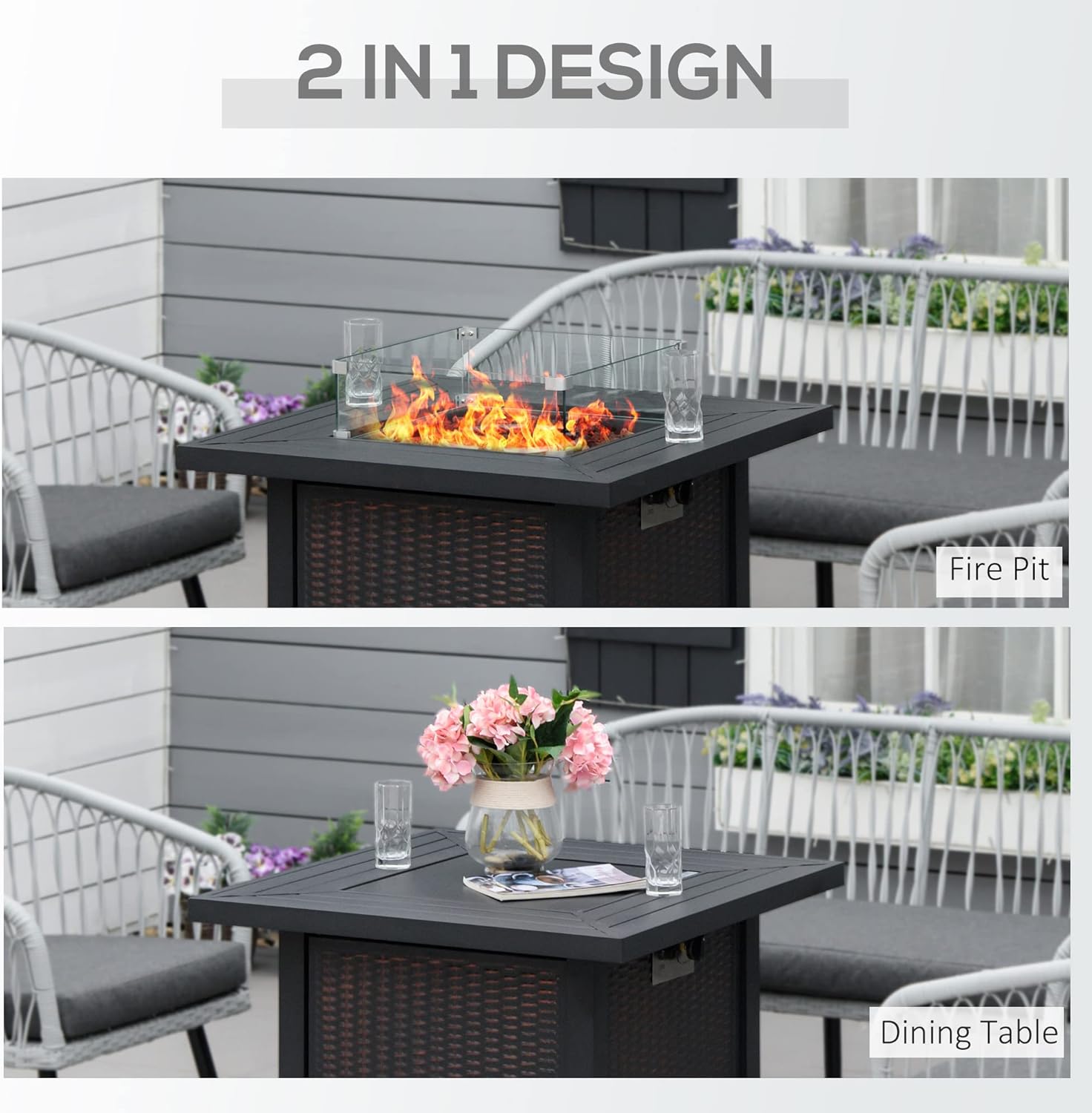 GOWE 34 Inch Outdoor Propane Gas Fire Pit Table, 50,000 BTU Auto-Ignition Square Wicker-Effect Gas Firepit with Glass Wind Guard, Lid, Lava Rocks, Steel Base, CSA Certification, Black