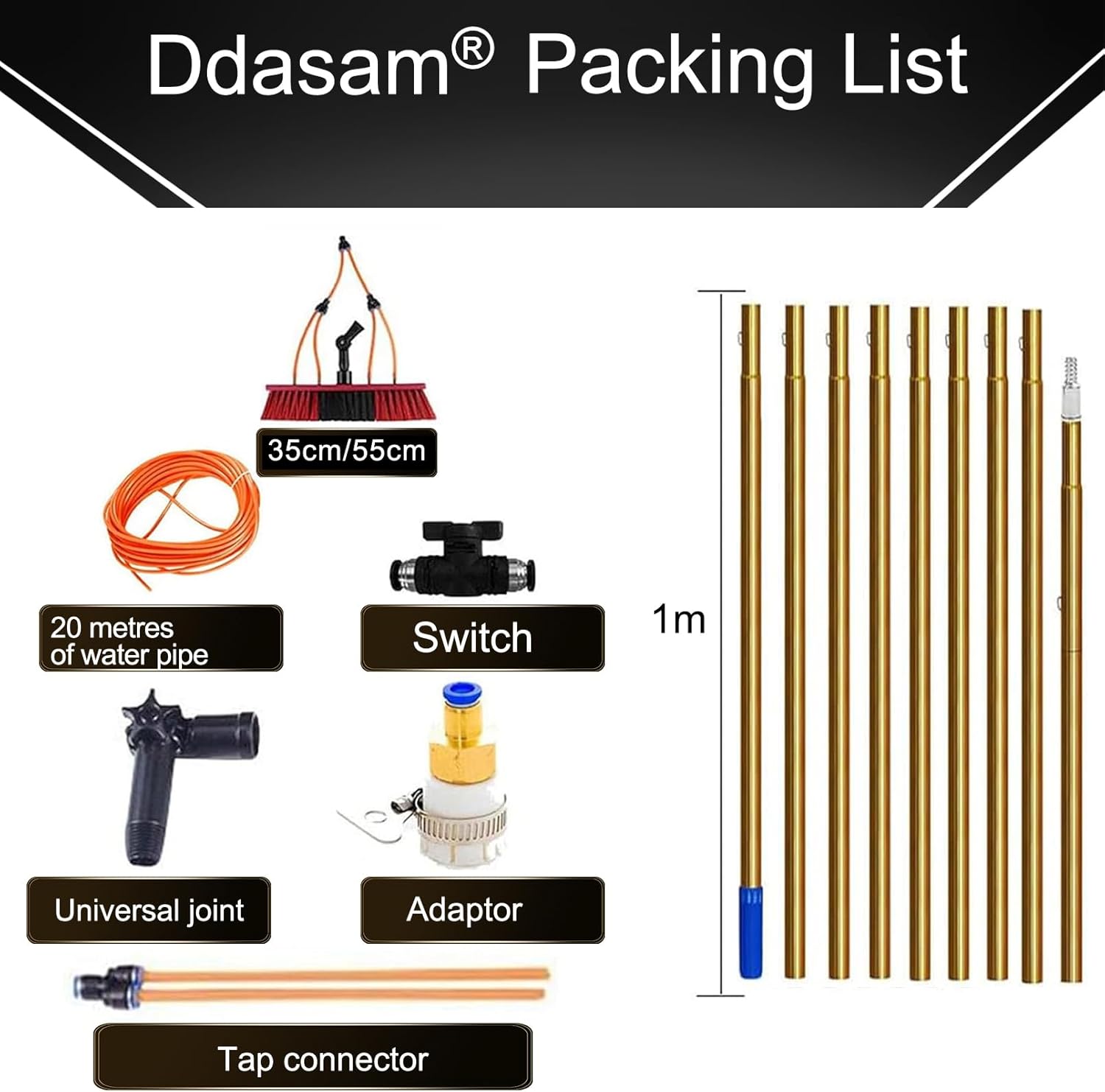 20FT Window Cleaning Pole Kit Water/Hose Fed Pole with Cleaning Brush Equipment for Photovoltaic and Solar Panels Conservatory Roof Cleaner