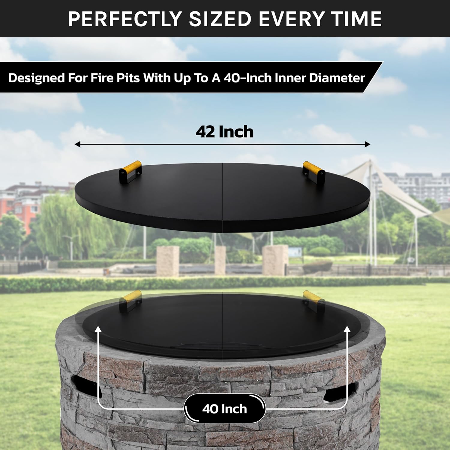 42” Fire Pit Cover Lid Round - Fit for 40” Round Fire Pit Lid for Outdoor Fireplace Cover Lid Steel fire pit metal cover W/ 2 Wooden Handles & Heat Resistant Snuffer Lid for Patio Fire Pit Ring
