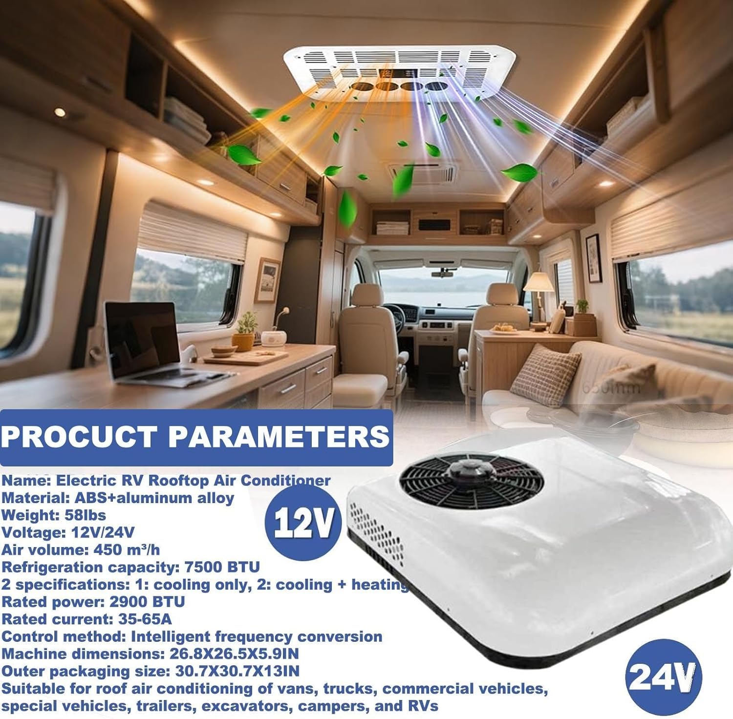 12v/24v Rv Air Conditioner, Truck/Car Electric Roof Ac-Only Cooling/Cooling+Heating,Light & Portable,Minimum Opening Size: 25 * 41cm,Working Area: 6-8 Square Meters In The Cab,WhiteCool+Heat24v