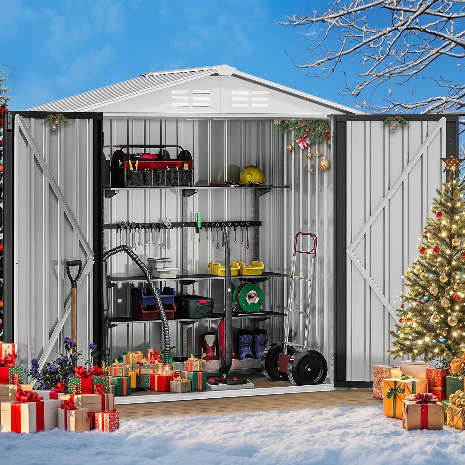 DWVO 6x4ft Storage Shed for Outdoors, Metal Sturdy Weatherproof Tool Shed with Secure Door and Ventilation for Equipment, Mowers, Bikes, Outdoor Spaces, White