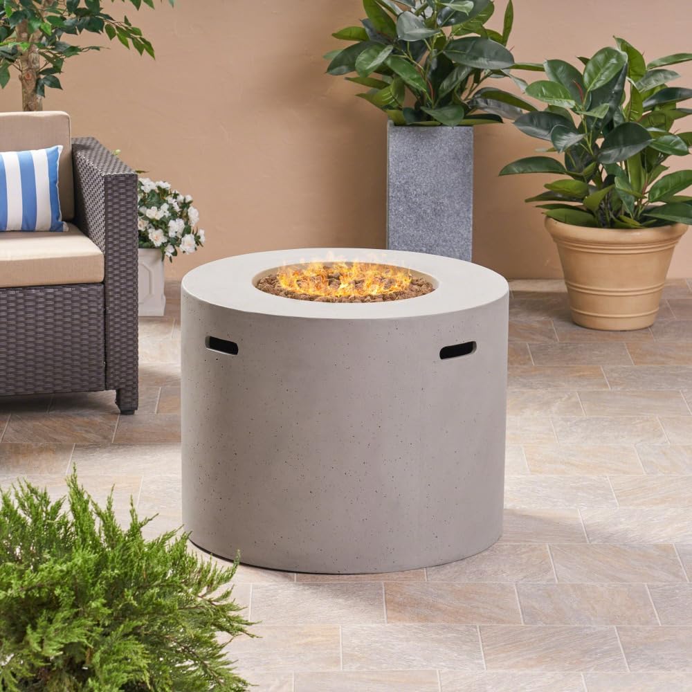 Outdoor Propane Fire Pit Table with Glass Rocks, 40,000 BTU, Lightweight Concrete Construction, Perfect for Patio and Backyard Gatherings
